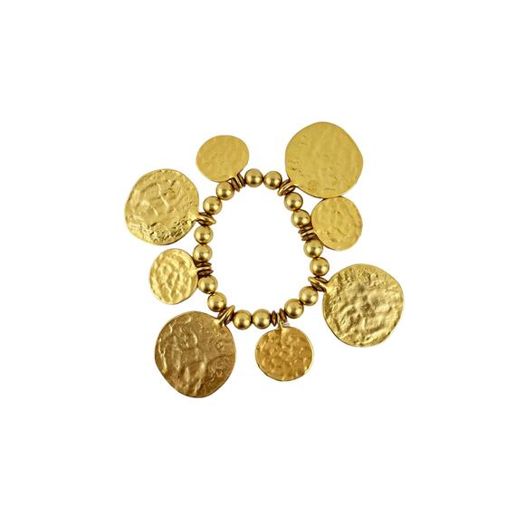 Signed Kenneth Jay Lane Satin Gold Stretch Coin Bracelet - Picture 1 of 4